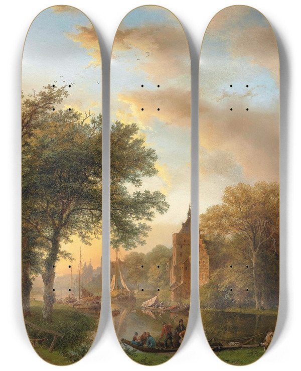 Triptych art skateboard deck of Barend Cornelis Koekkoek A River Landscape In Holland At Sunset by Barend Cornelis Koekkoek (1803-1862)