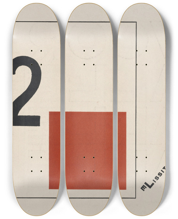 Triptych art skateboard deck of El Lissitzky Suprematisch Worden Van Twee Kwa Dra Ten In 6 Konstrukties Pl 2 by El Lissitzky (1890-1941)