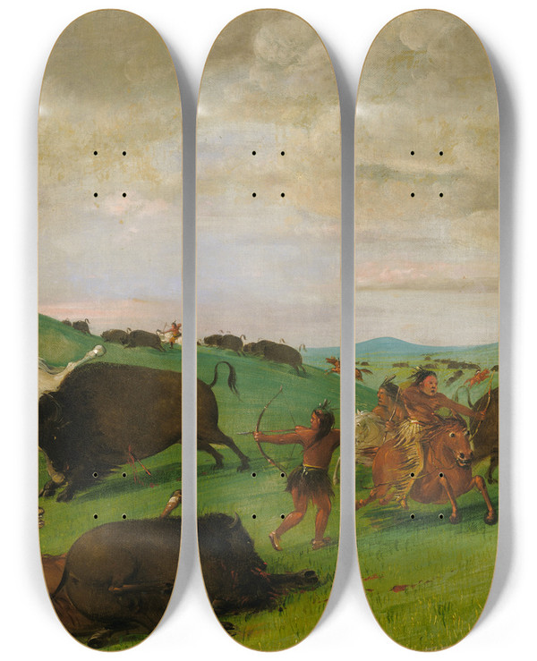 Triptych art skateboard deck of George Catlin Buffalo Chase Bulls Making Battle With Men And Horses by George Catlin (1796-1872)