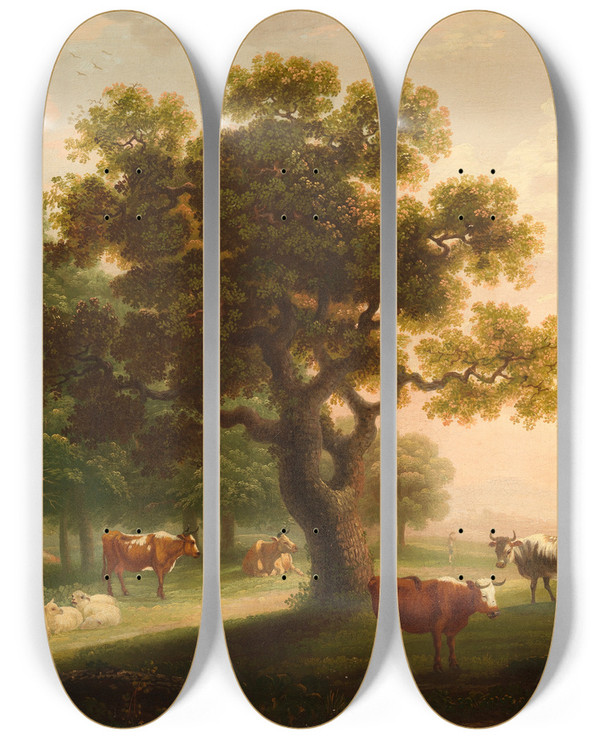 Triptych art skateboard deck of Herbert Pugh Landscape With Cattle Sheep And Distant Figure by Herbert Pugh