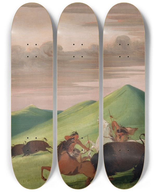 Triptych art skateboard deck of George Catlin Buffalo Chase Bull Protecting A Cow And Calf by George Catlin (1796-1872)