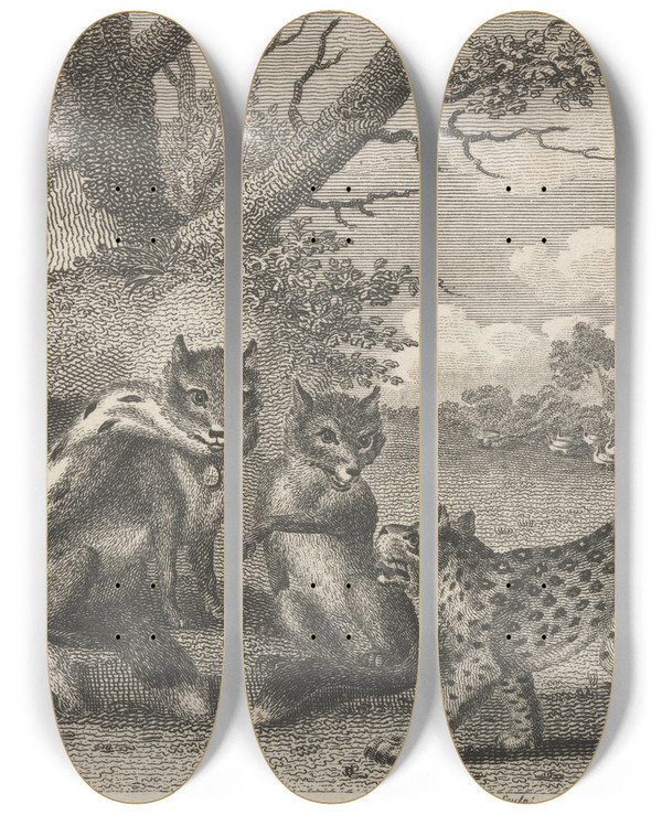 Triptych art skateboard deck of John Wootton Fable Vii The Lion The Fox And The Geese by John Wootton (1686-1765)
