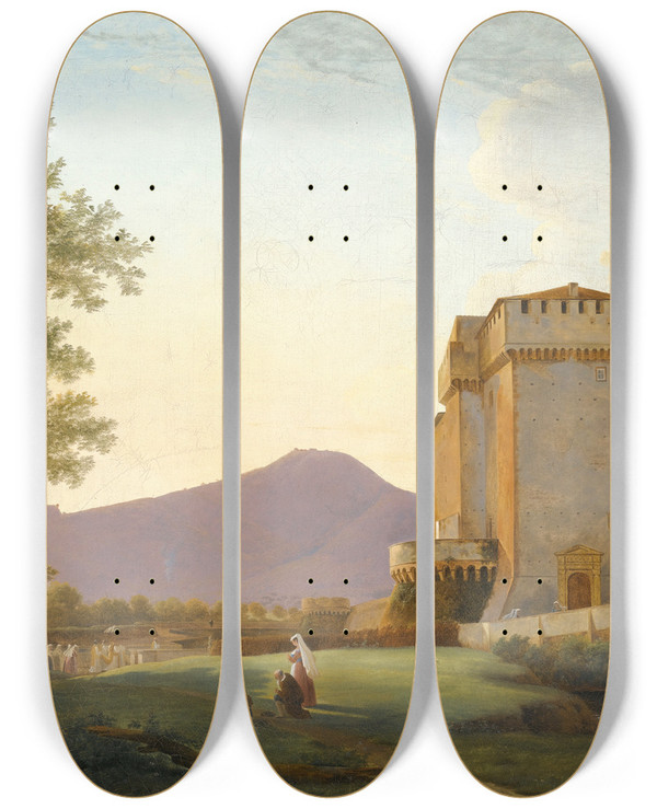 Triptych art skateboard deck of Pierreathanase Chauvin A View Of The Abbey Of Grottaferrata by Pierre-Athanase Chauvin (1774-1832)