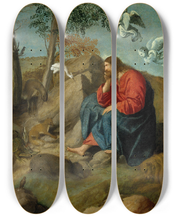 Triptych art skateboard deck of Moretto Da Brescia Christ In The Wilderness by Moretto Da Brescia (1498-1554)