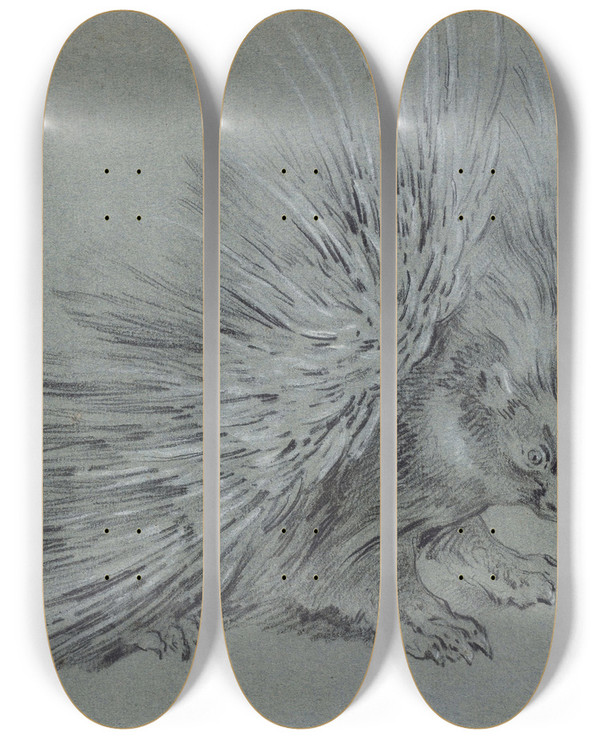Triptych art skateboard deck of Jeanbaptiste Oudry Porcupine by Jean-Baptiste Oudry (1686-1755)