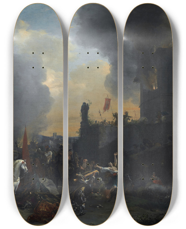 Triptych art skateboard deck of Willem Schellinks Soldiers Looting And Burning A Convent by Willem Schellinks (1623-1678)