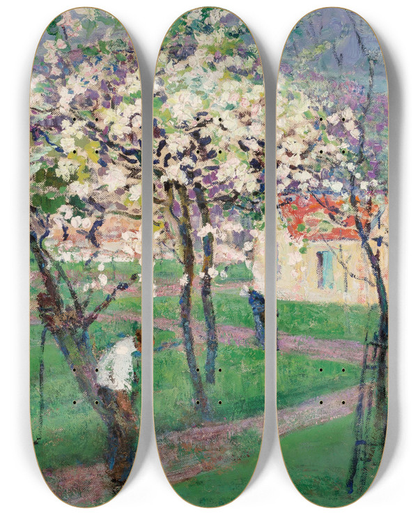 Triptych art skateboard deck of Victor Charreton Spring Trees by Victor Charreton (1864-1937)