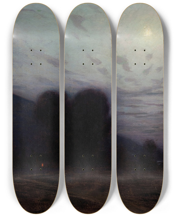 Triptych art skateboard deck of Birge Harrison Moonlit Landscape by Birge Harrison (1854-1929)