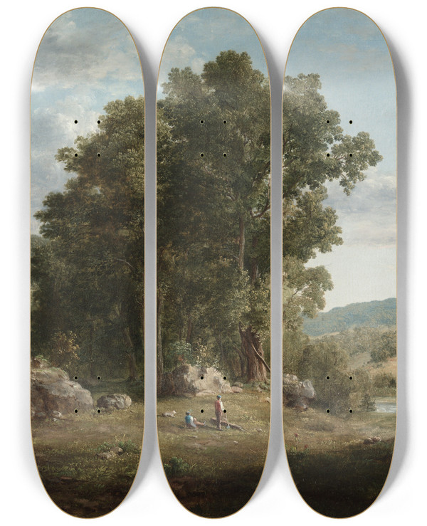 Triptych art skateboard deck of George Inness The Wood Chopper by George Inness (1825-1894)
