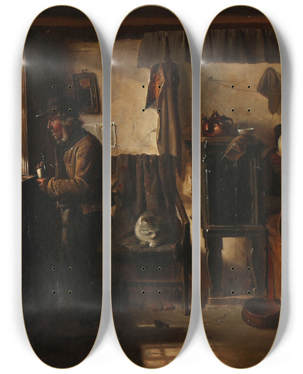 Triptych art skateboard deck of Ludvig Abelin Schou Interir Fra En Bondestue by Ludvig Abelin Schou (1838-1867)