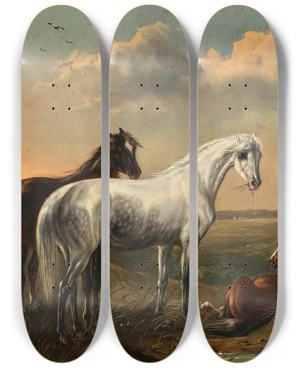 Triptych art skateboard deck of Ludwig Kbler A White Horse And A Bay Horse In A Puszta Landscape by Ludwig Kubler (19-)