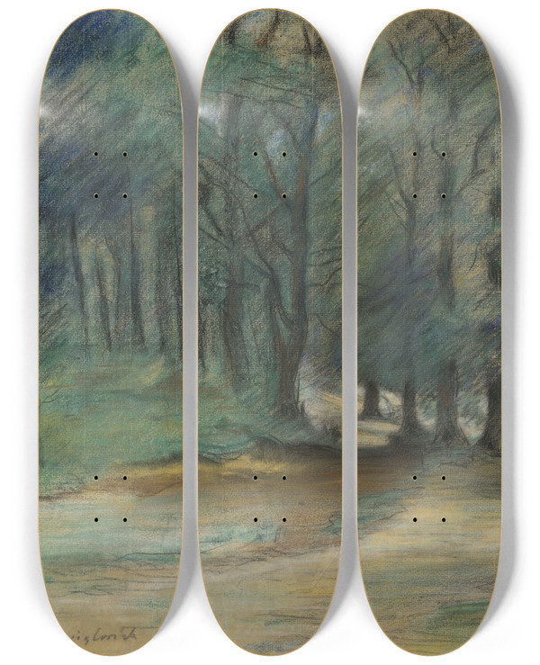 Triptych art skateboard deck of Lovis Corinth Woodland Path by Lovis Corinth (1858-1925)