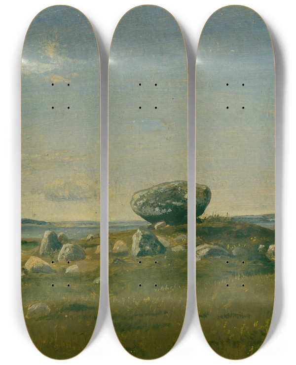 Triptych art skateboard deck of Dankvart Dreyer Barrow On The Island Of Brands by Dankvart Dreyer (1816-1852)