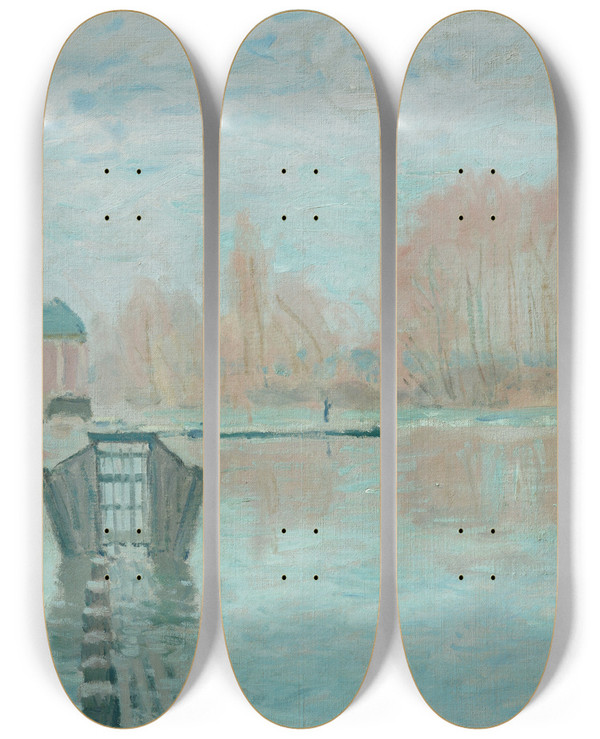 Triptych art skateboard deck of Alfred Sisley La Machine De Marly Et Le Barrage Bougival by Alfred Sisley (1840-1899)