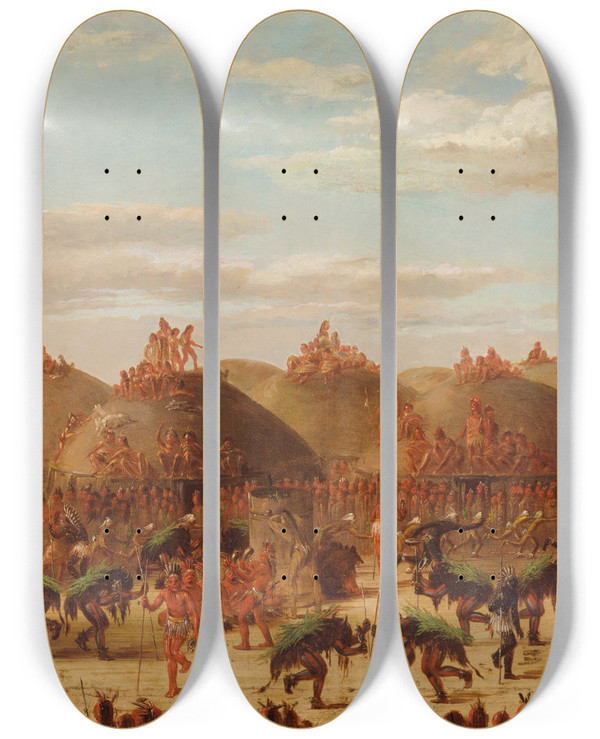Triptych art skateboard deck of George Catlin Bull Dance Mandan Okeepa Ceremony by George Catlin (1796-1872)
