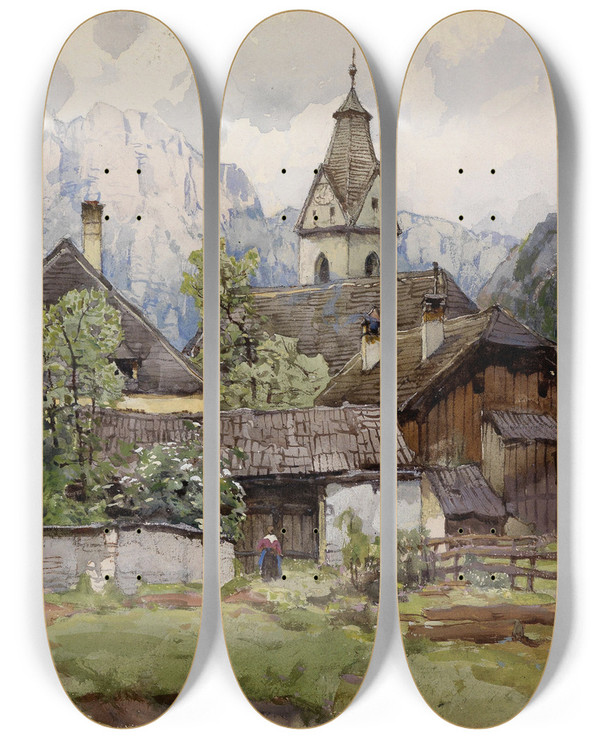 Triptych art skateboard deck of Fritz Lach Blick Auf Tragss by Fritz Lach (1868-1933)