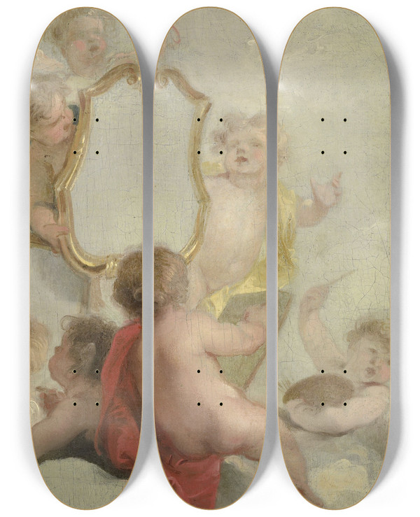 Triptych art skateboard deck of Jacob De Wit Putti With Mirrors by Jacob de Wit (1695-1754)