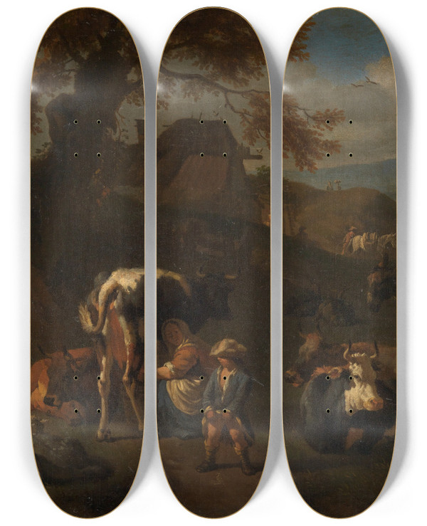 Triptych art skateboard deck of Pieter Van Bloemen Hirtenszene by Pieter Van Bloemen (1657-1720)