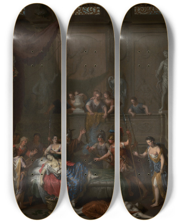 Triptych art skateboard deck of Gerard Hoet The Death Of Cleopatra by Gerard Hoet (1648-1733)