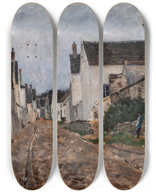 Triptych art skateboard deck of Carl Fredrik Hill French Village Street Montigny by Carl Fredrik Hill (1849-1911)