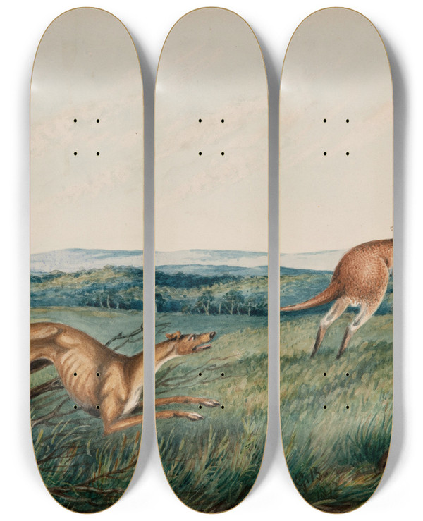 Triptych art skateboard deck of Adam Gustavus Ball Dog Chasing A Kangaroo by Adam Gustavus Ball (1821-1882)