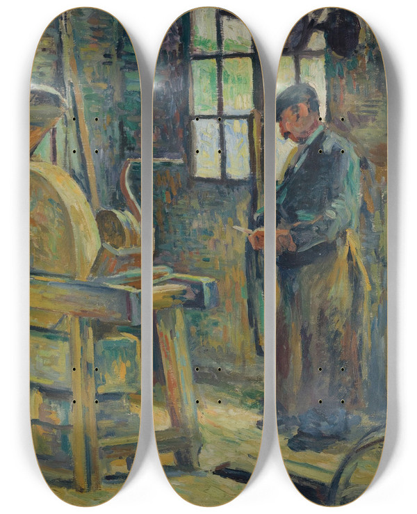 Triptych art skateboard deck of Maximilien Luce Le Rmouleur by Maximilien Luce (1858-1941)