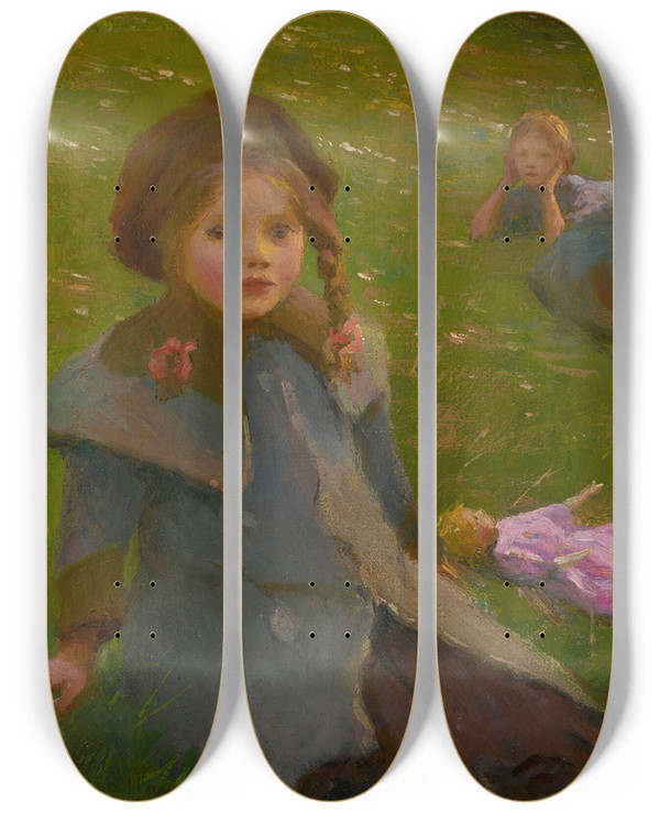 Triptych art skateboard deck of Harold Harvey The Lilac Doll by Harold Harvey (1874-1941)