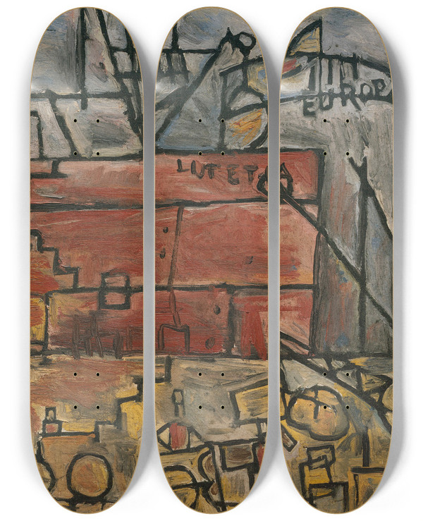 Triptych art skateboard deck of Joaqun Torresgarca Port Gris Au Bateau Rose by Joaqun Torres-Garca (1874-1949)