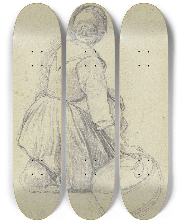 Triptych art skateboard deck of Jakob Becker Rckansicht Eines Knienden Mdchens Mit Zuber by Jakob Becker (1810-1872)