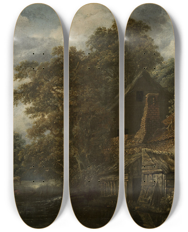 Triptych art skateboard deck of Cornelis Gerritsz Decker Landscape With A Mill by Cornelis Gerritsz Decker (1618-1678)