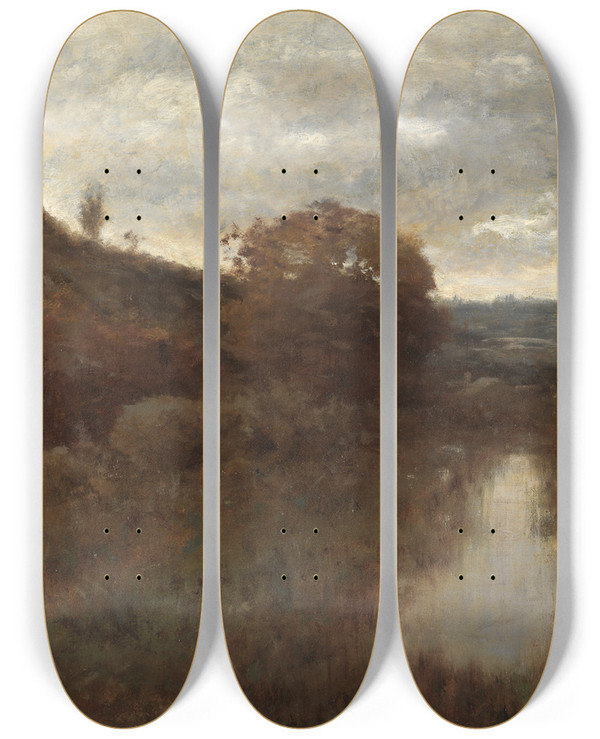 Triptych art skateboard deck of Alexander Helwig Wyant Autumn Landscape And Pool by Alexander Helwig Wyant (1836-1892)