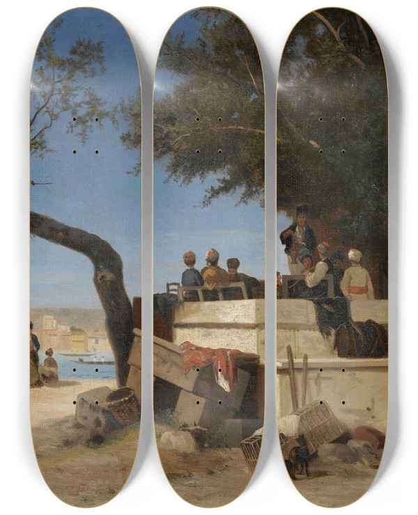 Triptych art skateboard deck of Charles Thodore Frre Au Caf by Charles Theodore Frere (1814-1888)