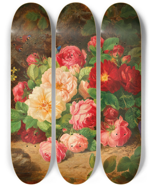 Triptych art skateboard deck of Josef Lauer A Forest Floor With A Still Life Of Roses And Butterflies by Josef Lauer (1818-1881)