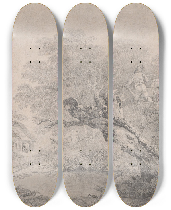Triptych art skateboard deck of Thomas Gainsborough Landscape With A Decayed Willow Over A Pool by Thomas Gainsborough (1727-1788)