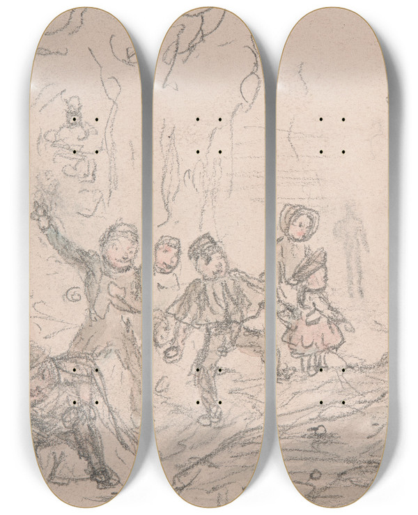 Triptych art skateboard deck of John Leech Snowballing by John Leech (1817-1864)