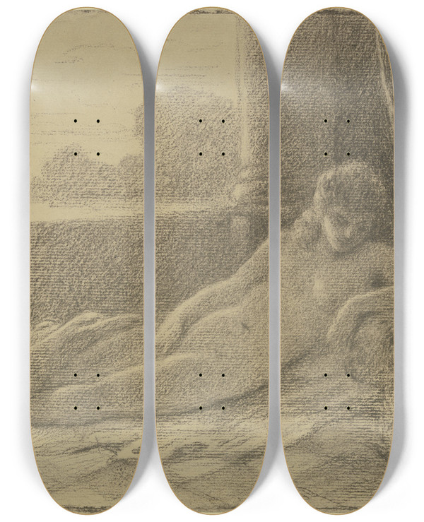 Triptych art skateboard deck of Otto Scholderer Liegender Weiblicher Akt Mit Katze by Otto Scholderer (1834-1902)