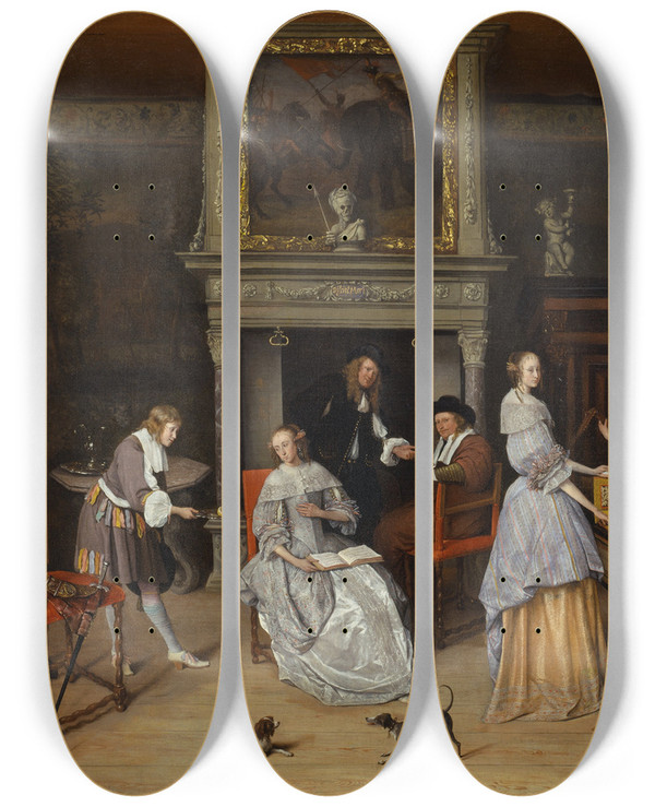Triptych art skateboard deck of Jan Steen Fantasy Interior With Jan Steen And The Family Of Gerrit Schouten by Jan Steen (1626-1679)