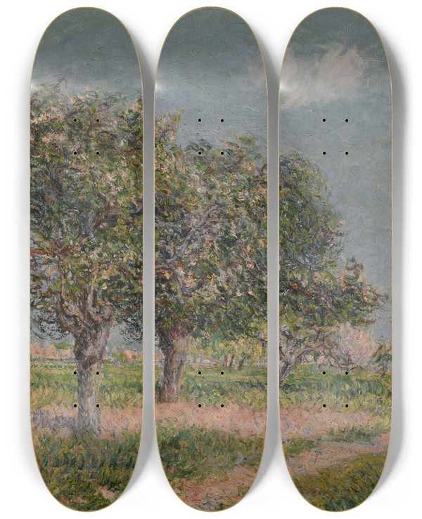 Triptych art skateboard deck of Gustave Loiseau Pommiers En Fleurs En Normandie by Gustave Loiseau (1865-1935)