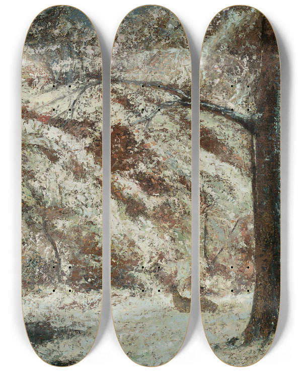 Triptych art skateboard deck of Gustave Courbet Fawn In The Snow In The Woods by Gustave Courbet (1819-1877)