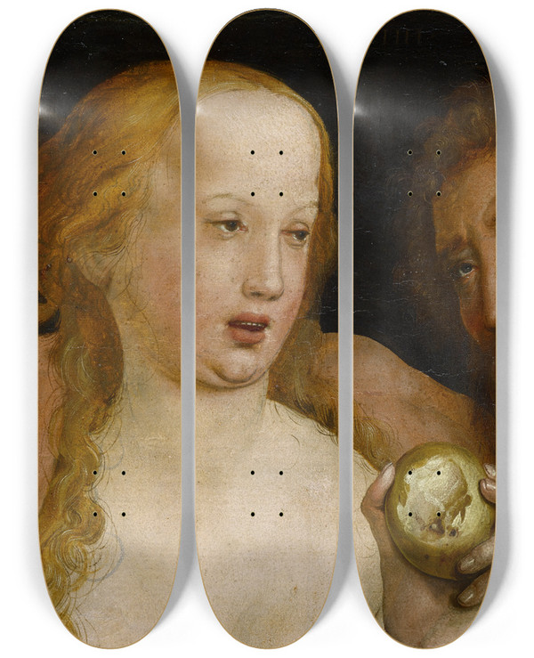 Triptych art skateboard deck of Hans Holbein The Younger Adam And Eve by Hans Holbein The Younger (1497-1543)