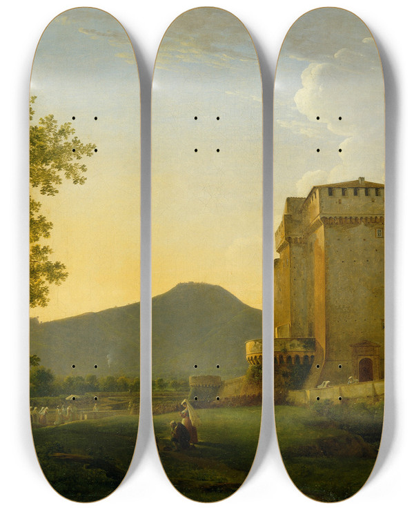 Triptych art skateboard deck of Pierreathanase Chauvin Grotta Ferrata In The Alban Hills by Pierre-Athanase Chauvin (1774-1832)