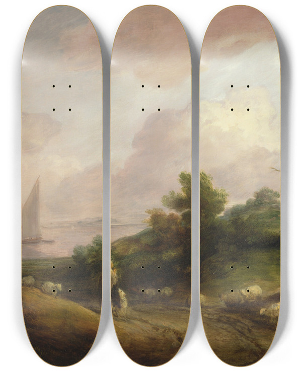 Triptych art skateboard deck of Thomas Gainsborough Coastal Landscape With A Shepherd And His Flock by Thomas Gainsborough (1727-1788)