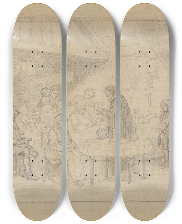 Triptych art skateboard deck of Adolph Tidemand Det Siste Sakrament by Adolph Tidemand (1814-1876)