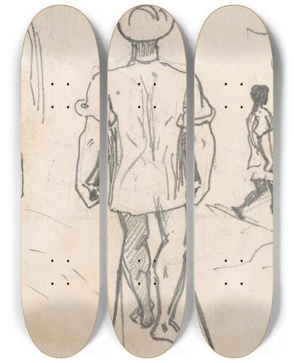 Triptych art skateboard deck of John Singer Sargent Studies Of Peasants With Wheelbarrows Verso by John Singer Sargent (1856-1925)