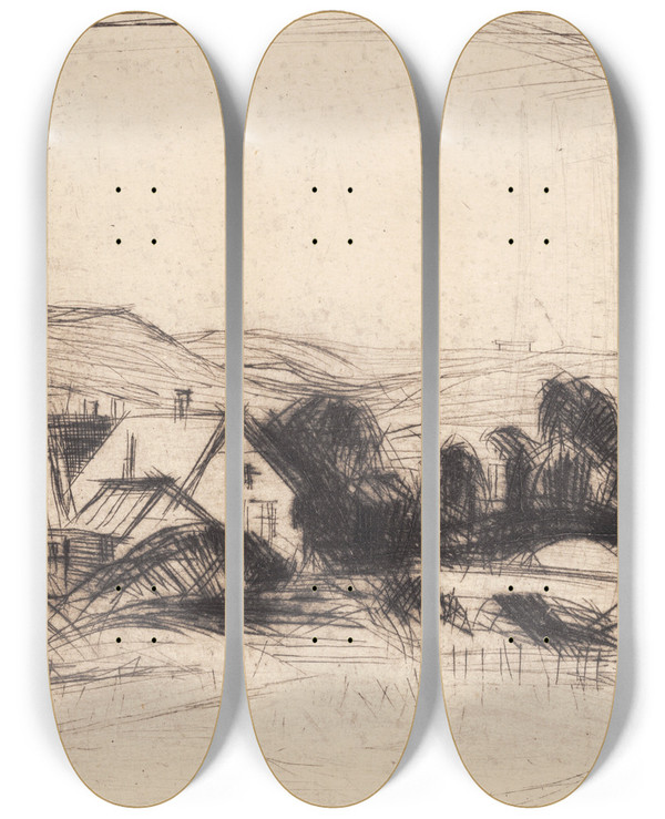 Triptych art skateboard deck of Alfred Simonsen En Landsby by Alfred Simonsen (1906-1935)