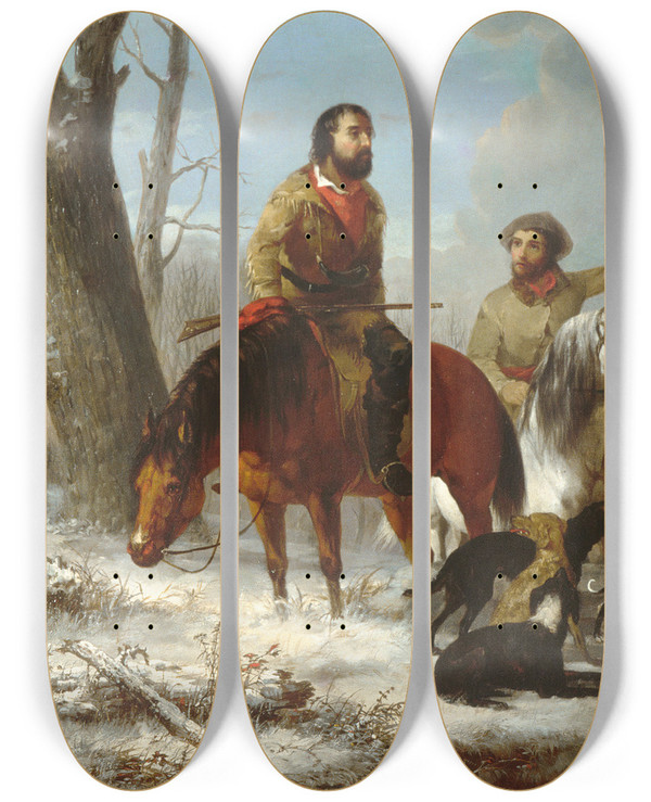 Triptych art skateboard deck of Jonathan K Trego Trappers by Jonathan K Trego (1817-1868)