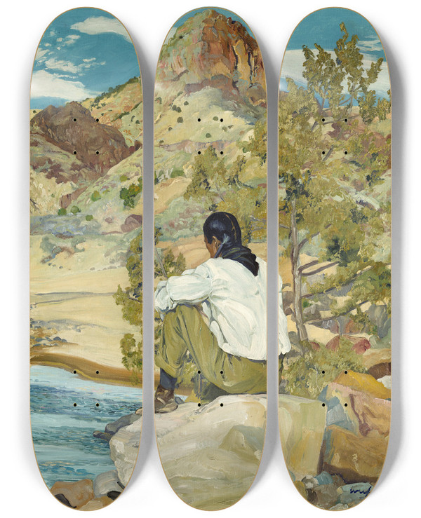 Triptych art skateboard deck of Walter Ufer On The Rio Grande by Walter Ufer (1876-1936)