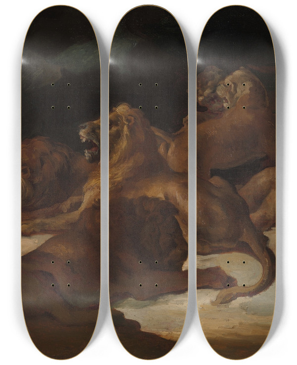 Triptych art skateboard deck of Thodore Gricault Lions In A Mountainous Landscape by Theodore Gericault (1791-1824)