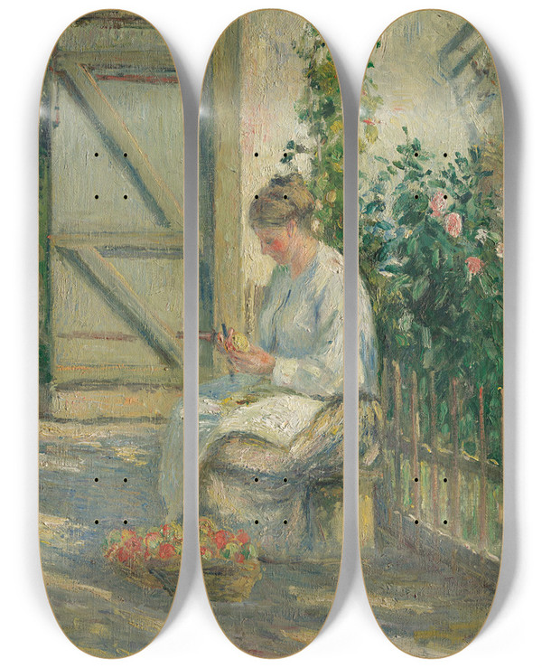 Triptych art skateboard deck of Camille Pissarro Julie Pissarro Pluchant Des Lgumes_1 by Camille Pissarro (1830-1903)