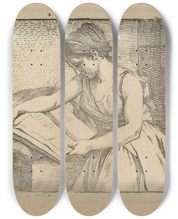 Triptych art skateboard deck of Angelica Kauffmann Woman Reading_2 by Angelica Kauffmann (1741-1807)